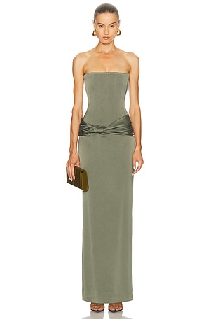 Alex Perry Strapless Longline Corset Twist Drape Column Dress in Sage