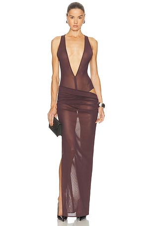 Alex Perry for FWRD Tucked Halter Column Gown in Chocolate
