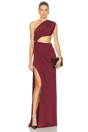 Alex Perry for FWRD One Shoulder Draped Gown in Burgundy
