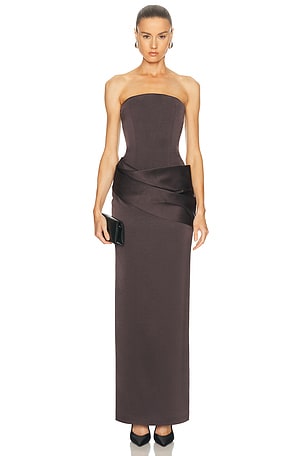 Alex Perry Strapless Curved Corset Drape Column Dress in Charcoal