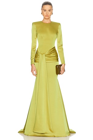 Alex Perry Long Sleeve Drape Sash Gown in Green