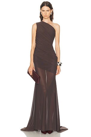 Alex Perry One Shoulder Tucked Gown in Brown