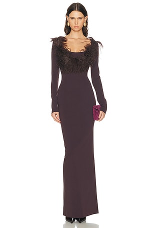 THE ATTICO Long Feather Gown in Brown