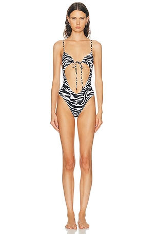 THE ATTICO Zebra One Piece Swimsuit in White,Black