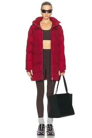 Beyond Yoga Warm Up Long Puffer Jacket in Red