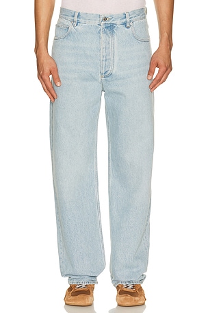 Bottega Veneta Sky Bleached Intrecciato Detail Wide Leg Denim in Blue