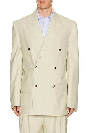 Bottega Veneta Wool Cotton Melange Gabardine Double Breasted Jacket in Cream