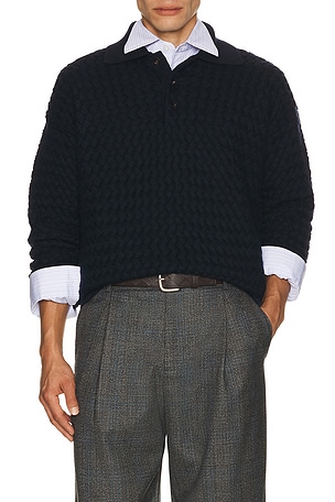Bottega Veneta Lw Wool Intrecciato Knit Polo Sweater in Blue
