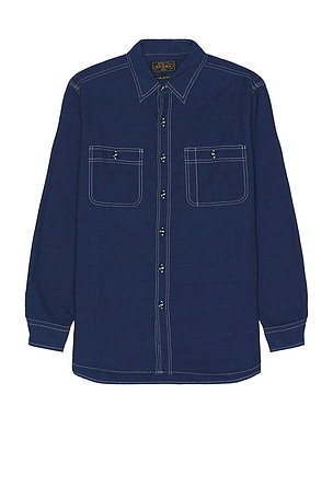 Beams Plus Work Indigo Chambray Shirt in Denim-Dark