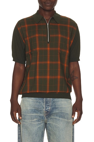 Beams Plus Half Zip Panel Polo Ombre Plaid in Olive