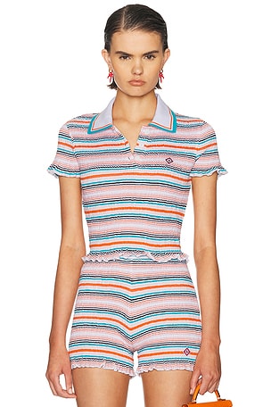 Casablanca Stripe Shirred Polo Top in Orange