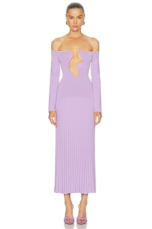 Christopher Esber Salacia Pleated Off Shoulder Dress in Lavender