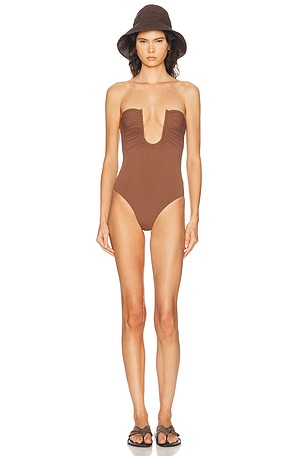 Christopher Esber Arced Ruched One Piece Swimsuit in Brown