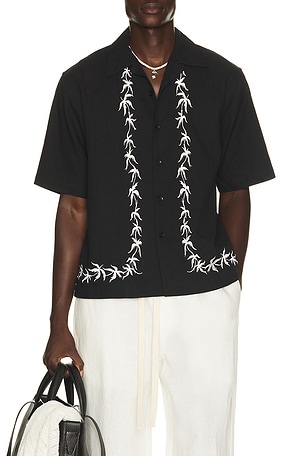 Commas Palm Embroidery Bowling Shirt in Black