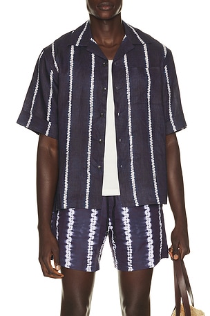 Commas Shibori Stripe Cuffed Camp Collar Shirt in Blue