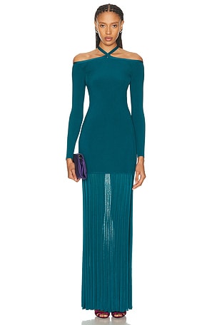 Christopher John Rogers Off-The-Shoulder Long Sleeve Knit Gown in Teal