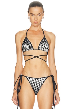 Christopher John Rogers Haltone Wiggle Dot String Bikini Top in Black,White