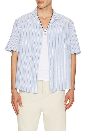 Corridor Linen Broadstripe Short Sleeve Shirt in Blue