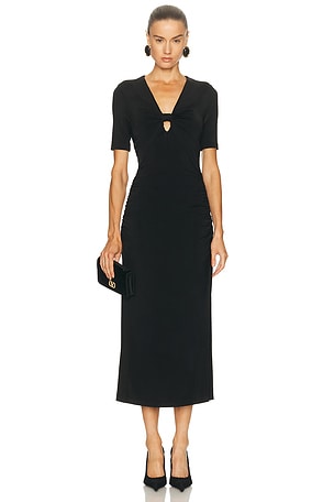 Carolina Herrera Ruched V-Neck Midi Dress in Black