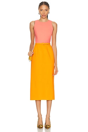 Carolina Herrera Sleeveless Crewneck Midi Dress in Orange,Pink