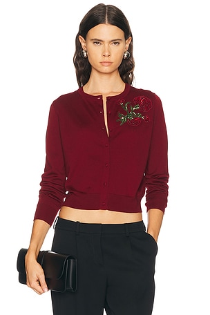 Carolina Herrera Crystal Embroidered Rose Cardigan in Red
