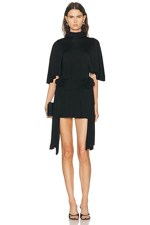 David Koma 3D Lace Flower Detail Draped Sleeve Mini Dress in Black