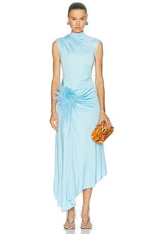 David Koma Cactus Dahlia Embroidered Draped Dress in Blue