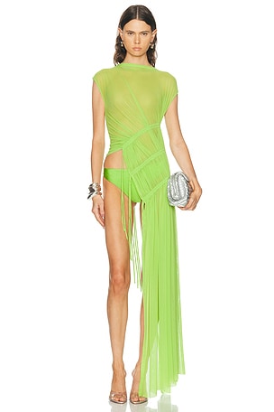 David Koma Asymmetric Cut Ruched Mesh Top in Green