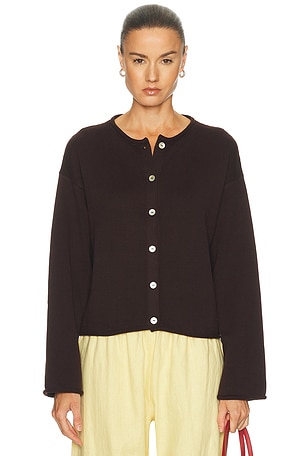 DONNI. The Cotton Knit Roll Cardigan in Chocolate