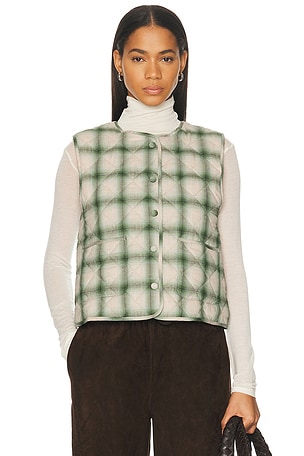 DONNI. The Quilted Plaid Flannel Vest in Cream,Green