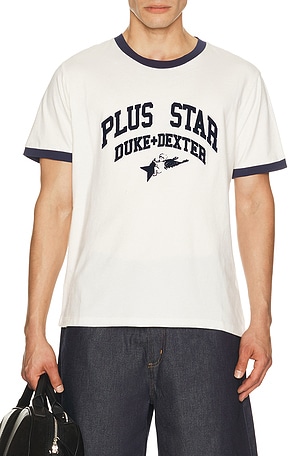Duke + Dexter Plus Star Flock Printed Ringer Tee in White