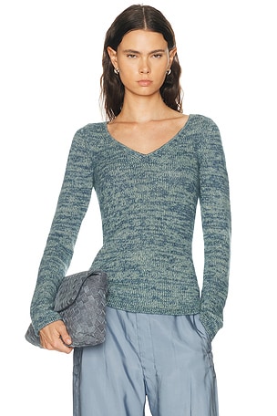 The Elder Statesman Off The Shoulder V-Neck Sweater in Blue