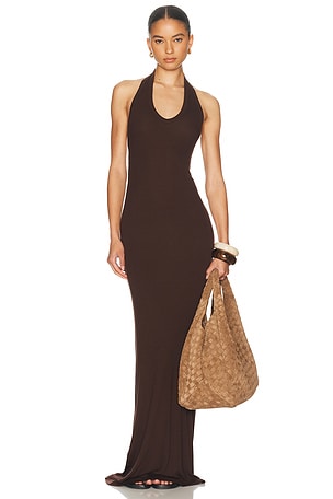 Enza Costa Silk Rib U Neck Halter Fluid Maxi Dress in Chocolate