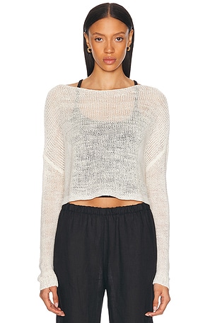 Enza Costa Linen Open Knit Bateau Sweater in White