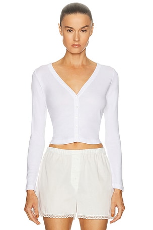 Enza Costa Supima Cotton New Classic V-Neck Cardigan in White