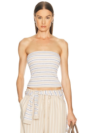 Enza Costa Cotton Stripe Classic Bandeau Top in Beige