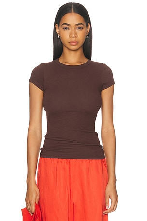 Enza Costa Textured Rib Cap Sleeve Crewneck Tee in Chocolate