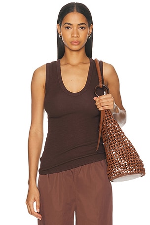 Enza Costa Textured Rib Sleeveless U Neck Tank Top in Chocolate