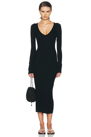 Eterne V Neck Butter Rib Midi Dress in Black
