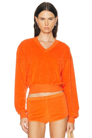 Eterne Cropped V-Neck Terry Sweatshirt in Orange