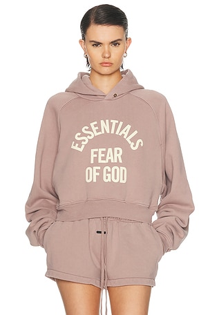 Fear of God ESSENTIALS Campus 90's Cropped Raglan Fleece Hoodie in Mauve