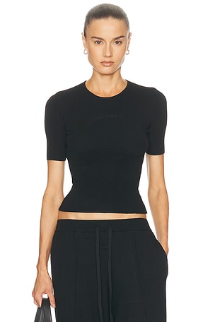 Fear of God ESSENTIALS Signature Rib Knit Fitted Short Sleeve Rib Tee in Black