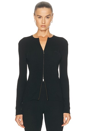 Fear of God ESSENTIALS Signature Rib Knit Fitted Long Sleeve Zip Up Rib Tee in Black