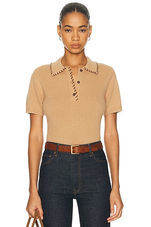 FRAME The Leather Stitch Polo Top in Tan