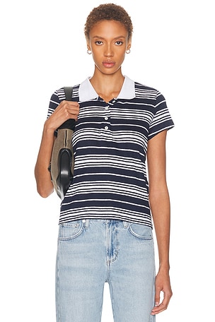 FRAME The Striped Short Sleeve Polo in Navy,White