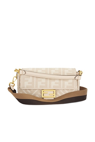 Fendi Vitello King FF Embroidered Mini Baguette Shoulder Bag in Beige