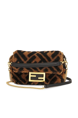 Fendi Shearling Vitello Dolce Macro FF 1974 Mini Baguette Shoulder Bag in Brown