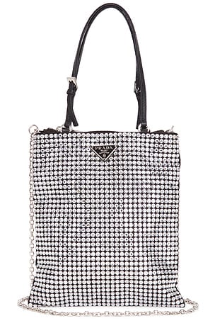 Prada Crystal Embellished Satin Tote Bag in Metallic Silver