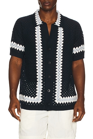 Frescobol Carioca Marques Crochet Cardigan Shirt in Navy