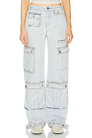 GRLFRND Lara Low Rise Wide Leg Cargo Jeans in Blue